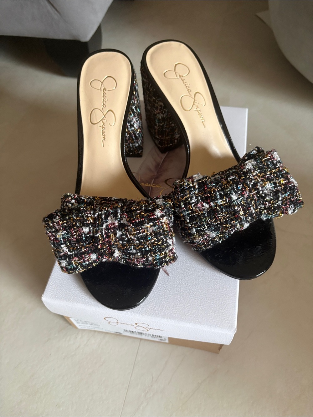 Jessica Simpson Black Tweed Bow Block Heel Mules with Multicolor Accents